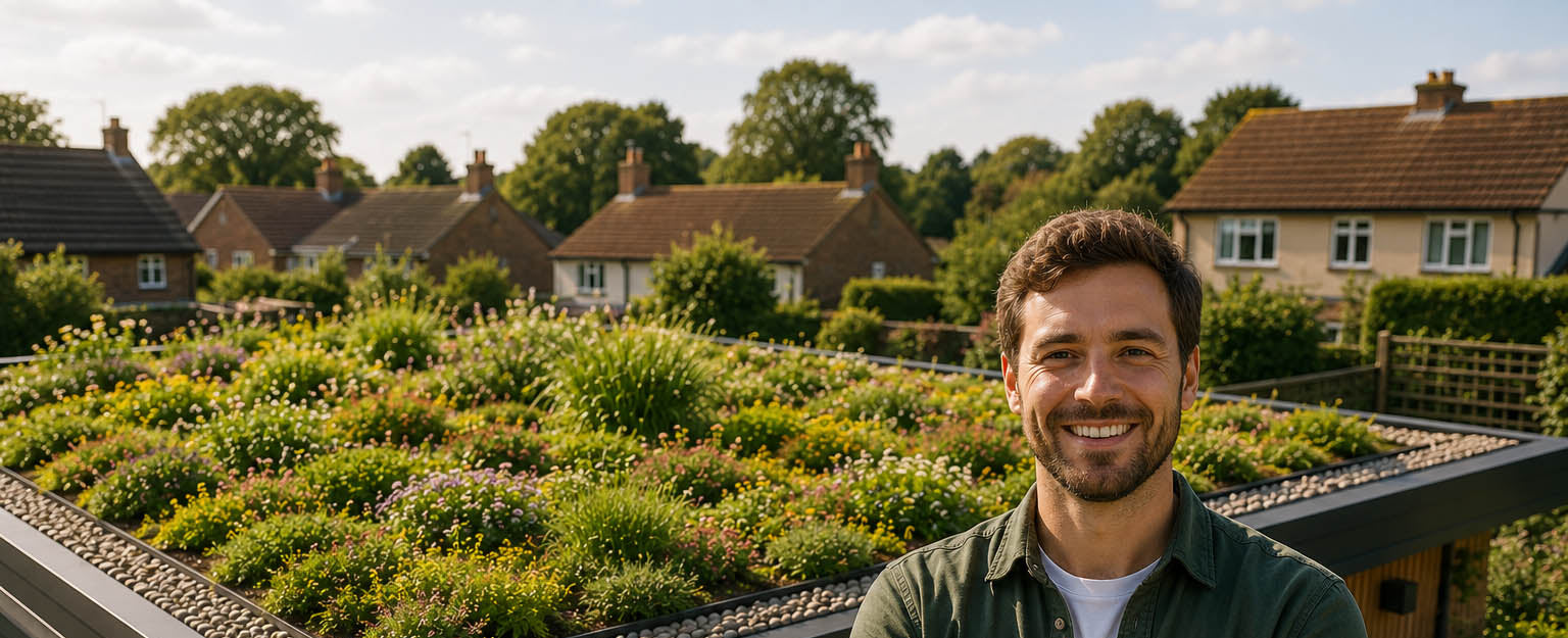 A smiling man with arms crossed stands on a rooftop terrace in front of a modern green roof garden with plants and gravel, with suburban houses visible in the background.