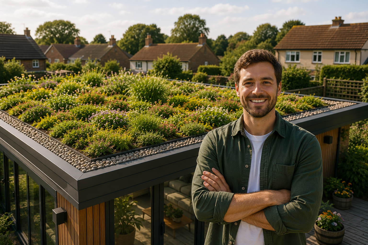 A smiling man with arms crossed stands on a rooftop terrace in front of a modern green roof garden with plants and gravel, with suburban houses visible in the background.