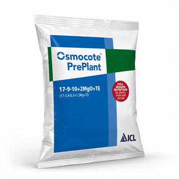 A white plastic bag of Osmocote PrePlant plant nutrition powder, featuring blue and green branding blocks and a red circular sticker, on a white background.