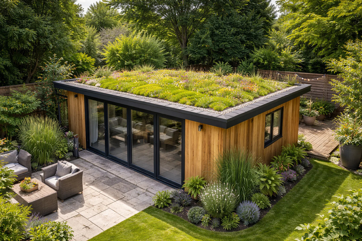 Modern green roof garden home with wood paneling and large black-framed glass windows, shown in a landscaped backyard with patio seating and lawn.