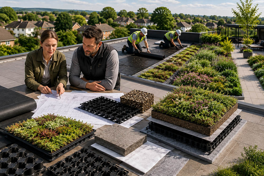 A man and woman review blueprints on a rooftop garden terrace, with workers installing plants in the background. Several trays of seedlings, soil blocks, and paving stones are arranged on the table in the foreground.