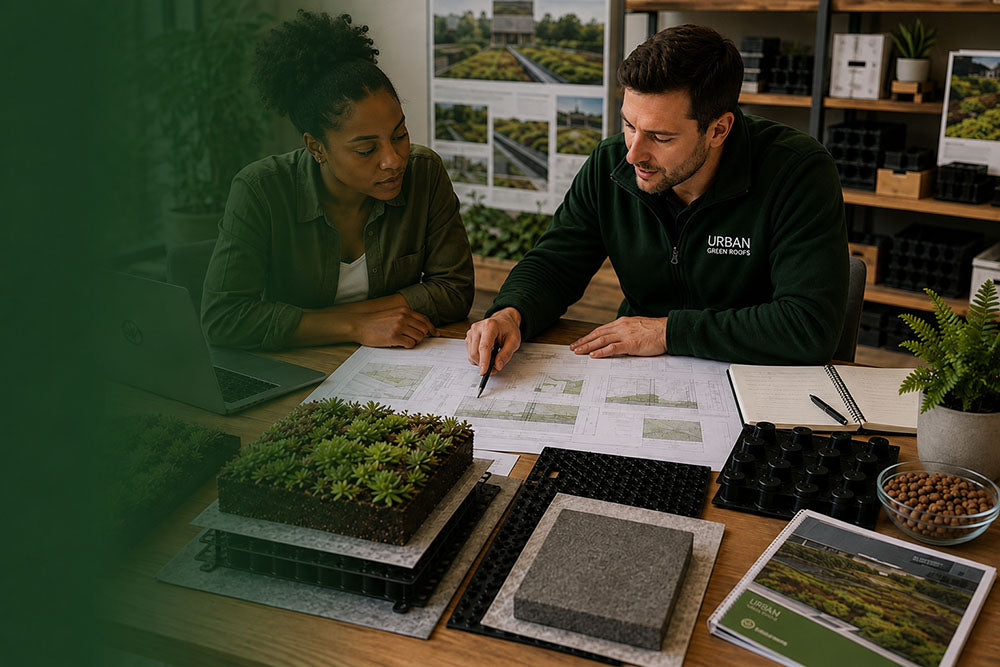 A man and a woman collaborate at a desk in a design office, reviewing architectural plans and landscape design samples, including soil pockets, paving stones, and greenery models.