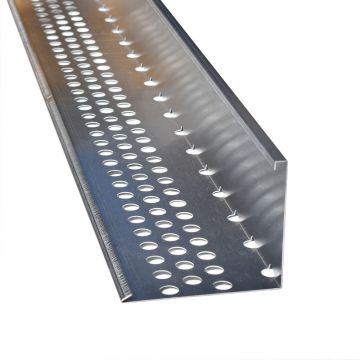 A long, narrow metallic strip with a series of evenly spaced circular holes, shown at an angle on a plain white background.