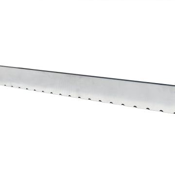 A close-up of a metallic silver serrated blade or edge against a plain white background.
