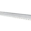 A close-up of a metallic silver serrated blade or edge against a plain white background.