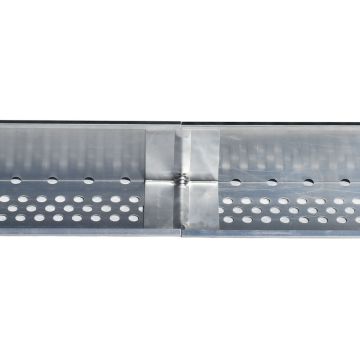 A close-up of a perforated metal channel or guide rail with a central mounting bracket, shown against a plain white background.