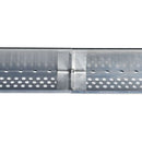A close-up of a perforated metal channel or guide rail with a central mounting bracket, shown against a plain white background.