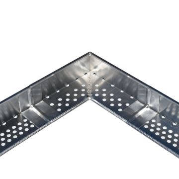 A galvanized steel L-shaped corner bracket with perforated holes on the inner surfaces, shown on a plain white background.