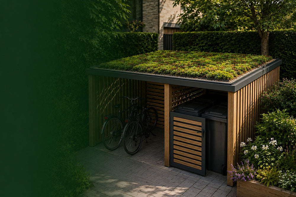 A modern outdoor bike storage shed with a green roof, wooden slat sides, and a dark frame, shown in a landscaped garden with bicycles inside and bins in the front.