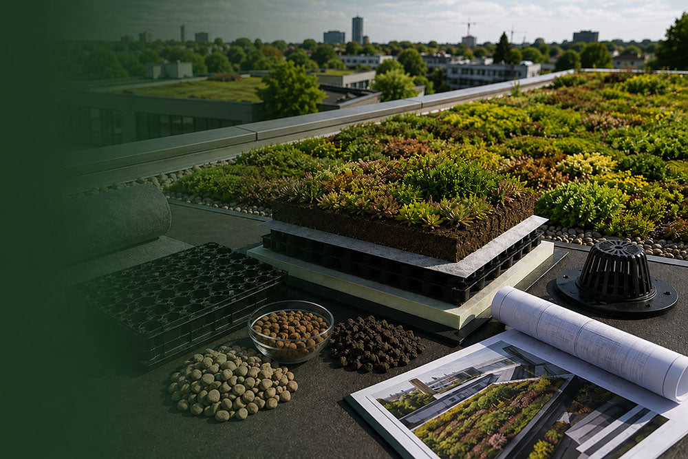 Rooftop greenery installation with layered living roofs, soil blocks, seed trays, gravel, and printed architectural plans on a dark surface, with an outdoor cityscape in the background.