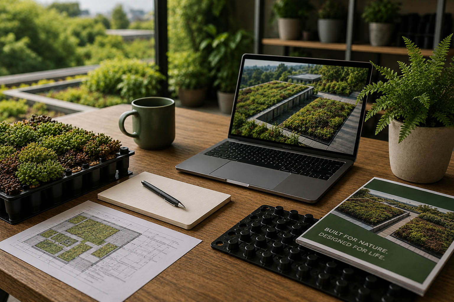 A styled workspace on a wooden table with a laptop displaying a green roof design, a notebook, pen, potted fern, succulent tray, and a brochure titled 'BEST FOR NATURE, DESIGNED FOR LIFE.'.