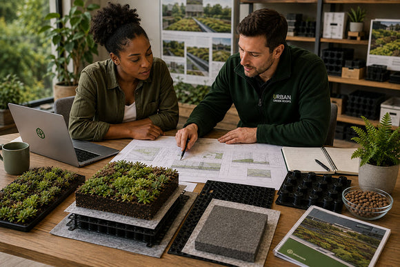 A man and a woman sit at a wooden table in a bright office, reviewing printed plans and discussing a project. The man wears a dark green fleece with the brand 'URBAN GARDENING' visible on the chest.