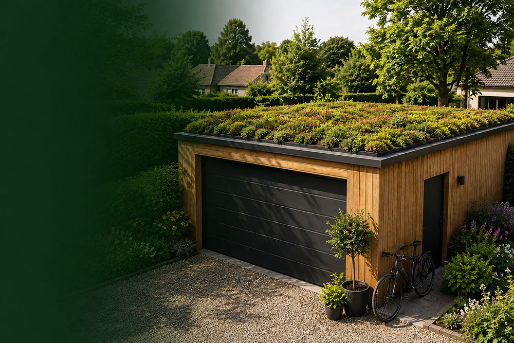 A modern wooden garage with a green roof garden, a dark gray garage door, a gravel driveway, and a bicycle parked outside in a landscaped garden setting.