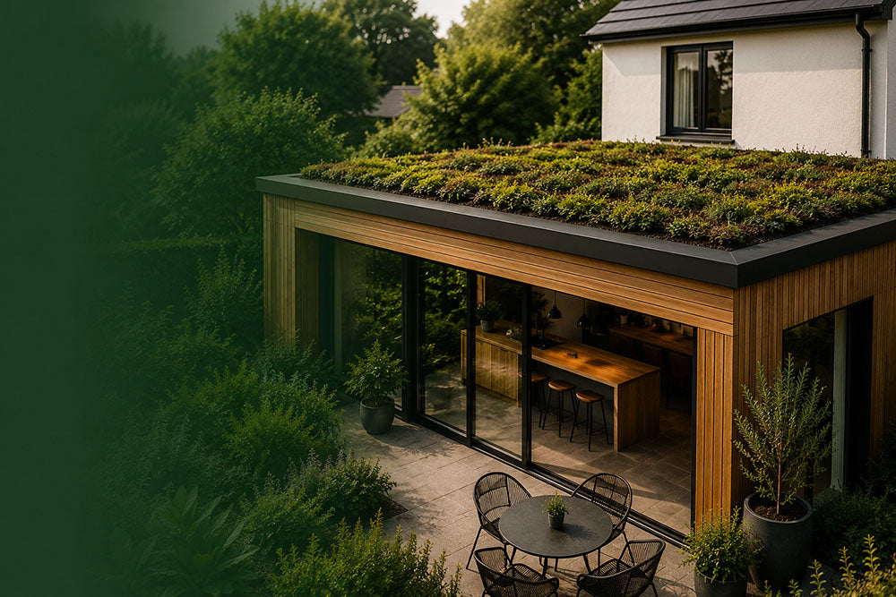Modern wooden house extension with a green roof garden, large glass patio doors, and an outdoor dining area, shown in a landscaped garden setting.