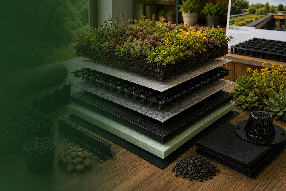A stacked green roof garden kit with layers of soil, growing medium, and succulent plants on a wooden table, surrounded by seed trays, soil, and a black drainage mat.