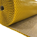 A roll of bright yellow perforated foam mat with a brown backing sheet partially unrolled, shown on a white background.