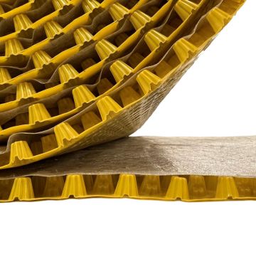 A close-up of a yellow ribbed, corrugated sheet material with a textured brown backing or underlayer, shown against a white background.