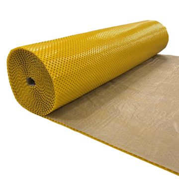 A roll of yellow perforated mesh material with a tan backing sheet partially unrolled, shown on a plain white background.