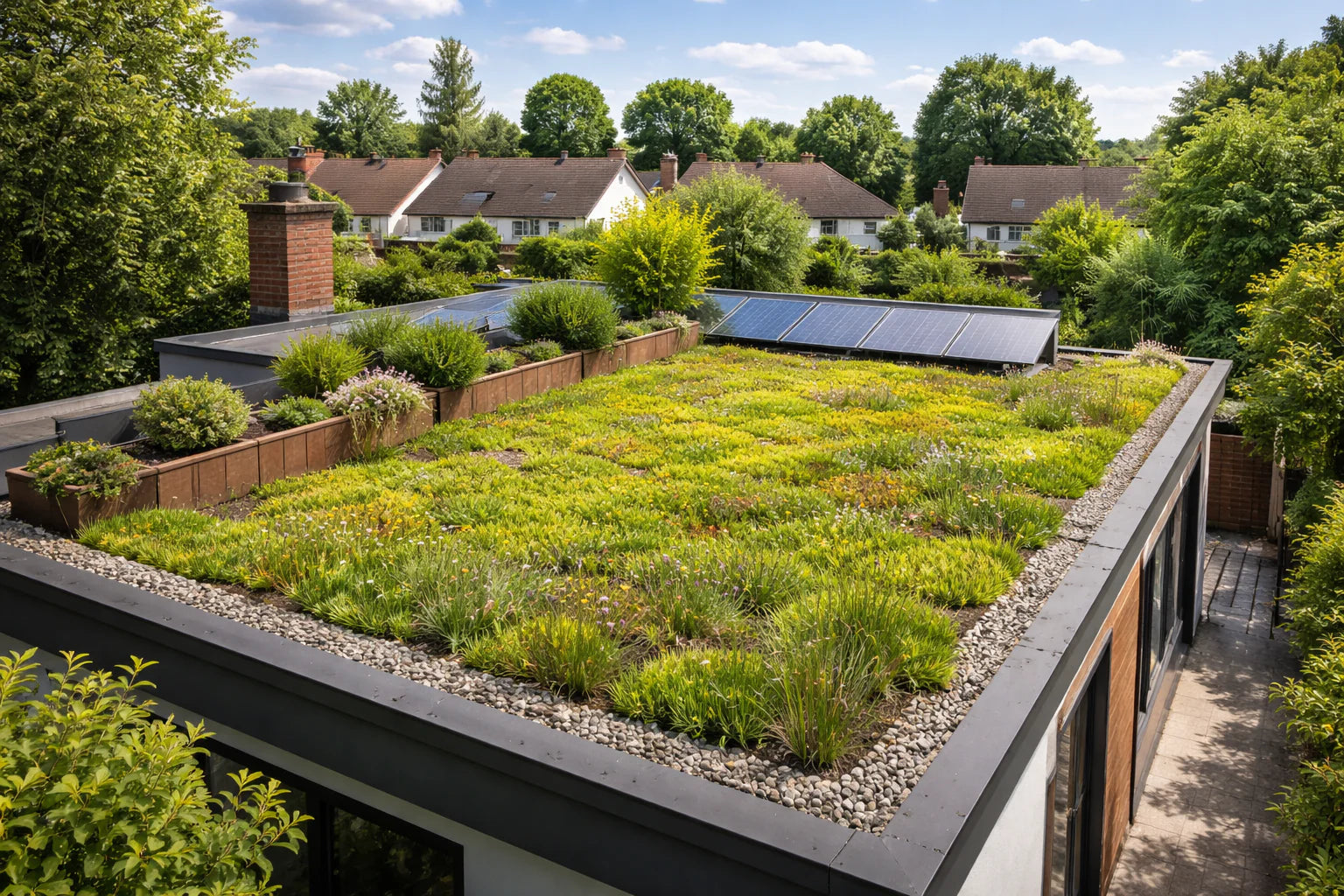 A green roof garden with rows of yellow-green plants, gravel borders, and a dark metal frame, with solar panels and neighboring houses visible in the background.