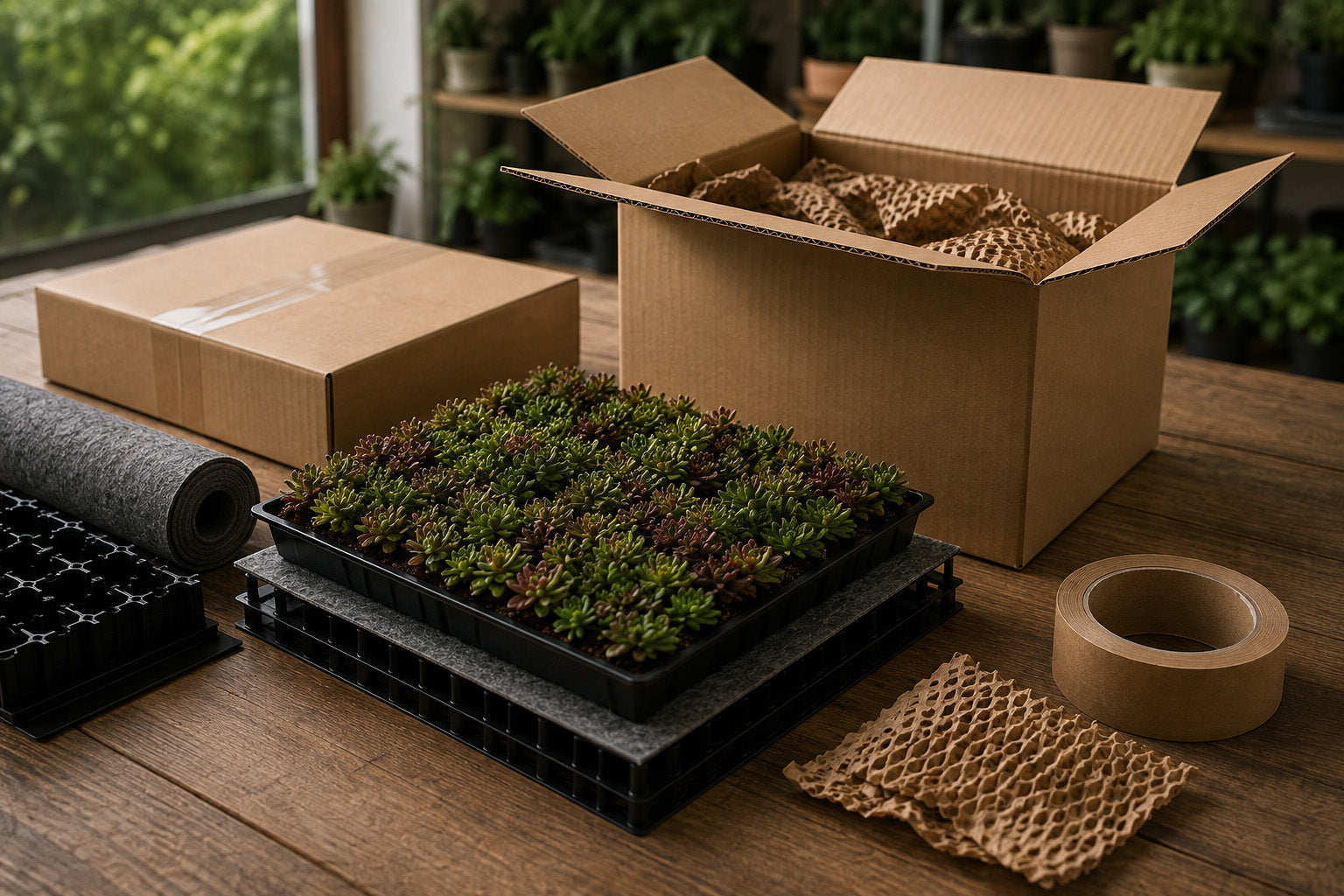 A styled arrangement of shipping and growing supplies on a wooden table, including a cardboard box filled with bubble wrap, a sealed brown box, a black tray of green succulent plants, packing tape, bubble wrap, and a roll of black plastic tray liners.