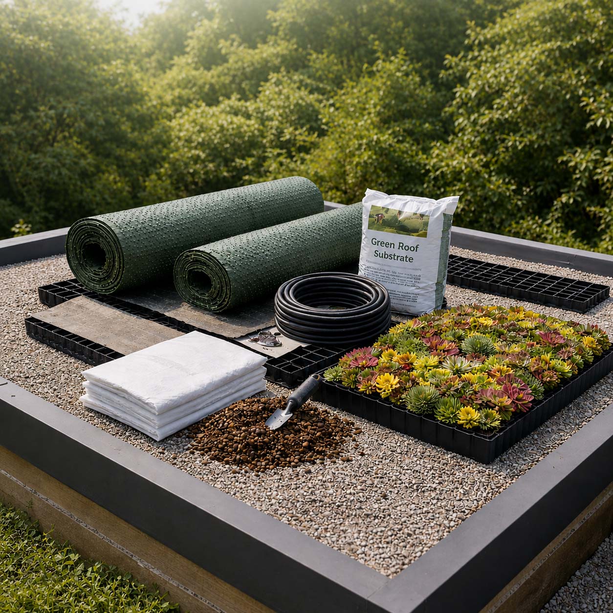 Raised garden bed kit with two rolled green turf sections, a bag of Green Roof Basaltite, black plastic tray plants, a coil of black irrigation hose, a stack of white fabric liners, and soil, arranged on gravel inside a wooden raised bed with a forest background.
